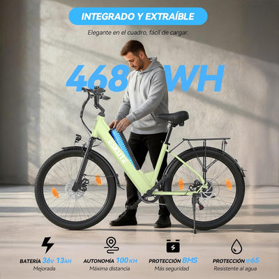 ESKUTE C100 Plus Adult Electric Bike 26, Electric Bike with Rear Motor 250W, Removable Battery 36V 13Ah, 7 Speeds, Max Speed 25 km/h, LCD Display, Low Frame, Men and Women