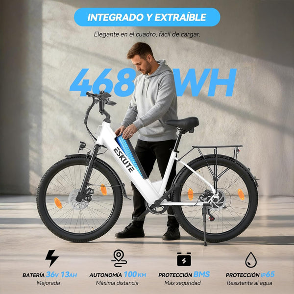 ESKUTE C100 Plus Adult Electric Bike 26, Electric Bike with Rear Motor 250W, Removable Battery 36V 13Ah, 7 Speeds, Max Speed 25 km/h, LCD Display, Low Frame, Men and Women
