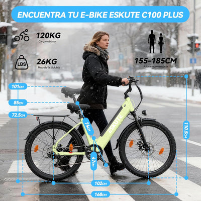 ESKUTE C100 Plus Adult Electric Bike 26, Electric Bike with Rear Motor 250W, Removable Battery 36V 13Ah, 7 Speeds, Max Speed 25 km/h, LCD Display, Low Frame, Men and Women