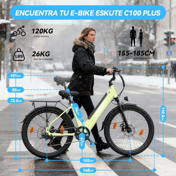 ESKUTE C100 Plus Adult Electric Bike 26, Electric Bike with Rear Motor 250W, Removable Battery 36V 13Ah, 7 Speeds, Max Speed 25 km/h, LCD Display, Low Frame, Men and Women