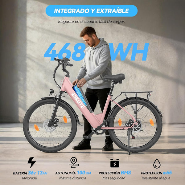 ESKUTE C100 Plus Adult Electric Bike 26, Electric Bike with Rear Motor 250W, Removable Battery 36V 13Ah, 7 Speeds, Max Speed 25 km/h, LCD Display, Low Frame, Men and Women
